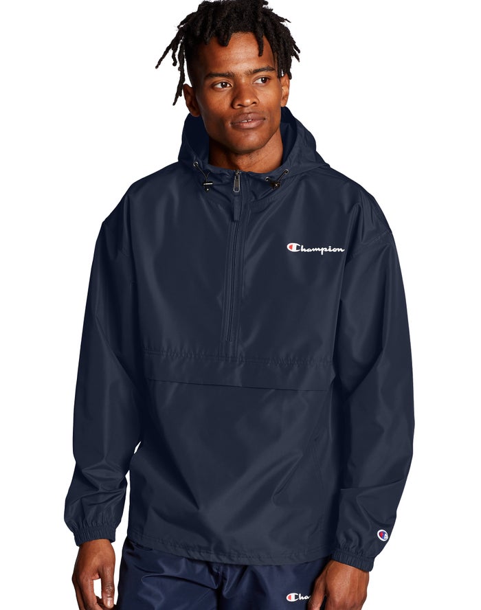 Champion Mens Jackets NZ - Packable Script Logo Navy ( 8532-CORID )